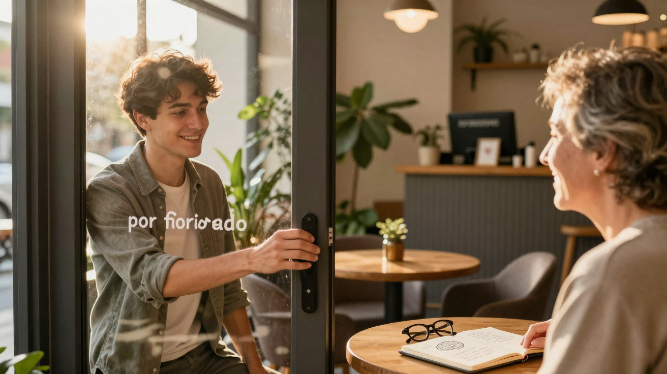 Homem sorridente a abrir porta de café para mulher sentada junto a mesa com caderno e óculos.