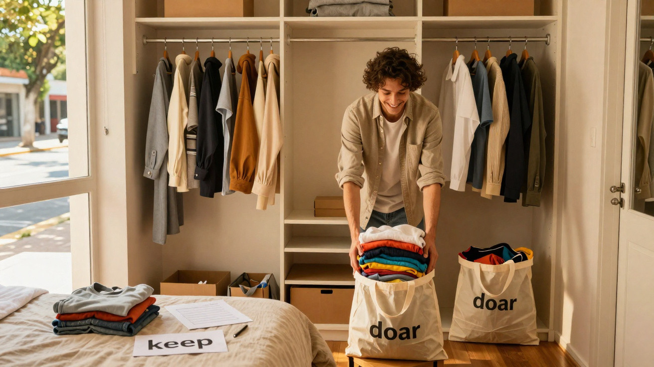 Homem a organizar roupa dobrada numa saco de doação num quarto com armário aberto e roupas penduradas.