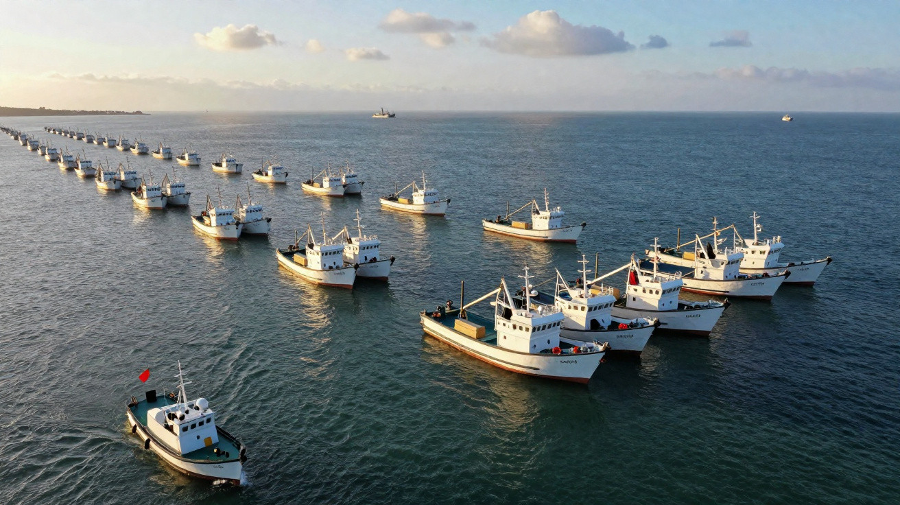 Frota de vários barcos de pesca alinhados no mar ao pôr do sol com céu parcialmente nublado.