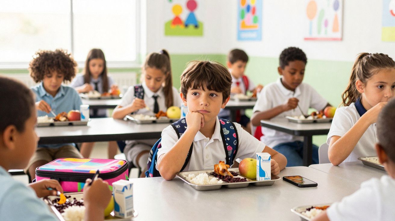 Crianças em uniforme escolar a almoçar numa cantina escolar com refeições em tabuleiros.