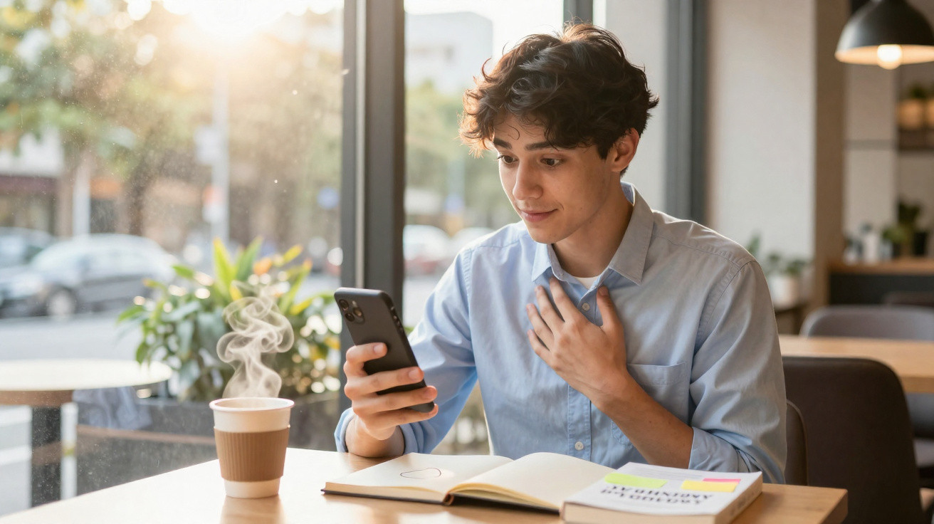 Jovem vestido de azul sentado numa mesa de café com livro e café quente, olhando para o telemóvel com surpresa.