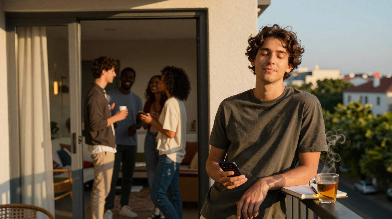 Jovem tranquilo no terraço com chá a fumegar, enquanto grupo conversa no interior da casa.