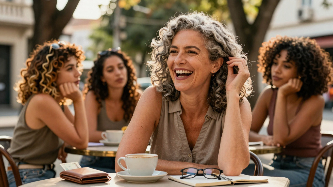 Mulher sorridente sentada numa esplanada com três jovens ao fundo, todas com cabelo encaracolado.