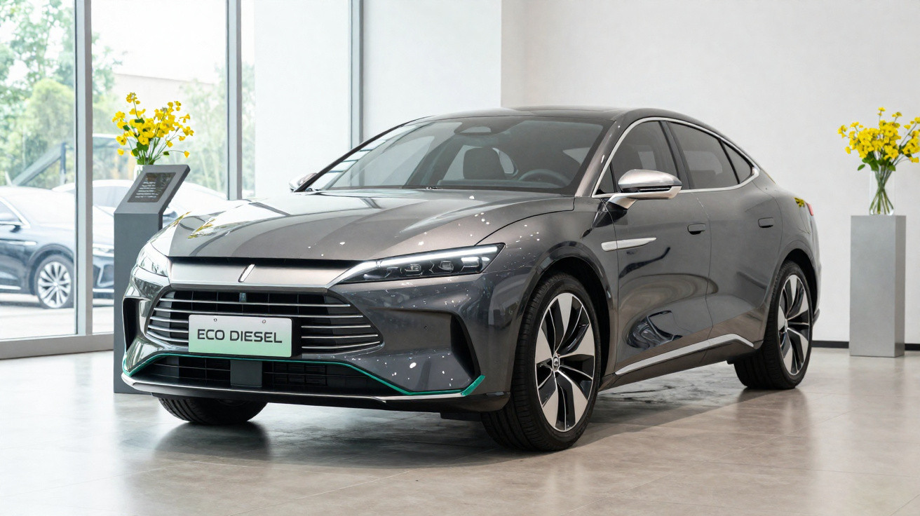 Carro elétrico cinza escuro com placa Eco Diesel em exposição interior moderna e flores amarelas em vasos.