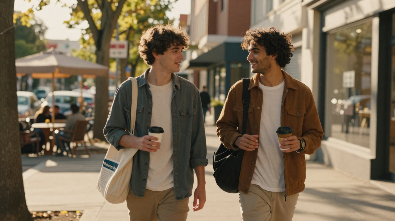 Dois jovens a caminhar na rua, a conversar e a beber café para levar em dia ensolarado.