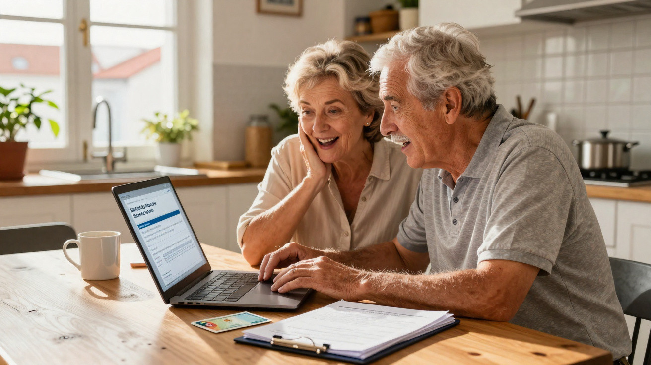 Casal sénior a usar um portátil e a consultar documentos financeiros na cozinha de casa.