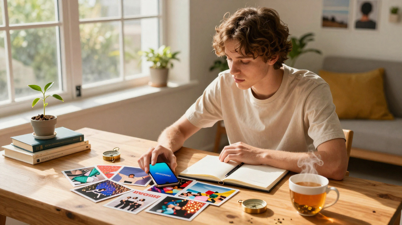Jovem a organizar fotografias numa mesa com caderno, chá a fumegar e planta ao lado da janela.
