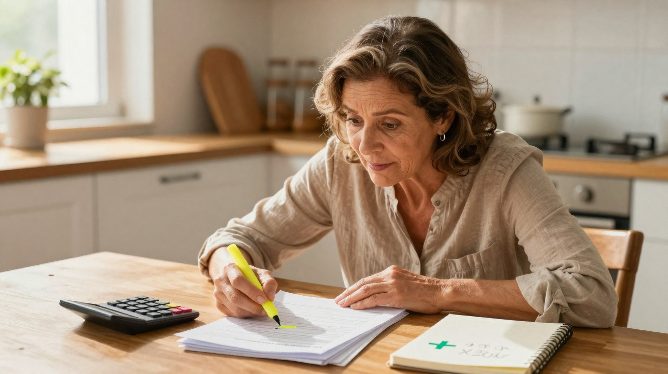 Mulher madura a sublinhar documentos com marcador amarelo numa mesa de cozinha, com calculadora e caderno à frente.