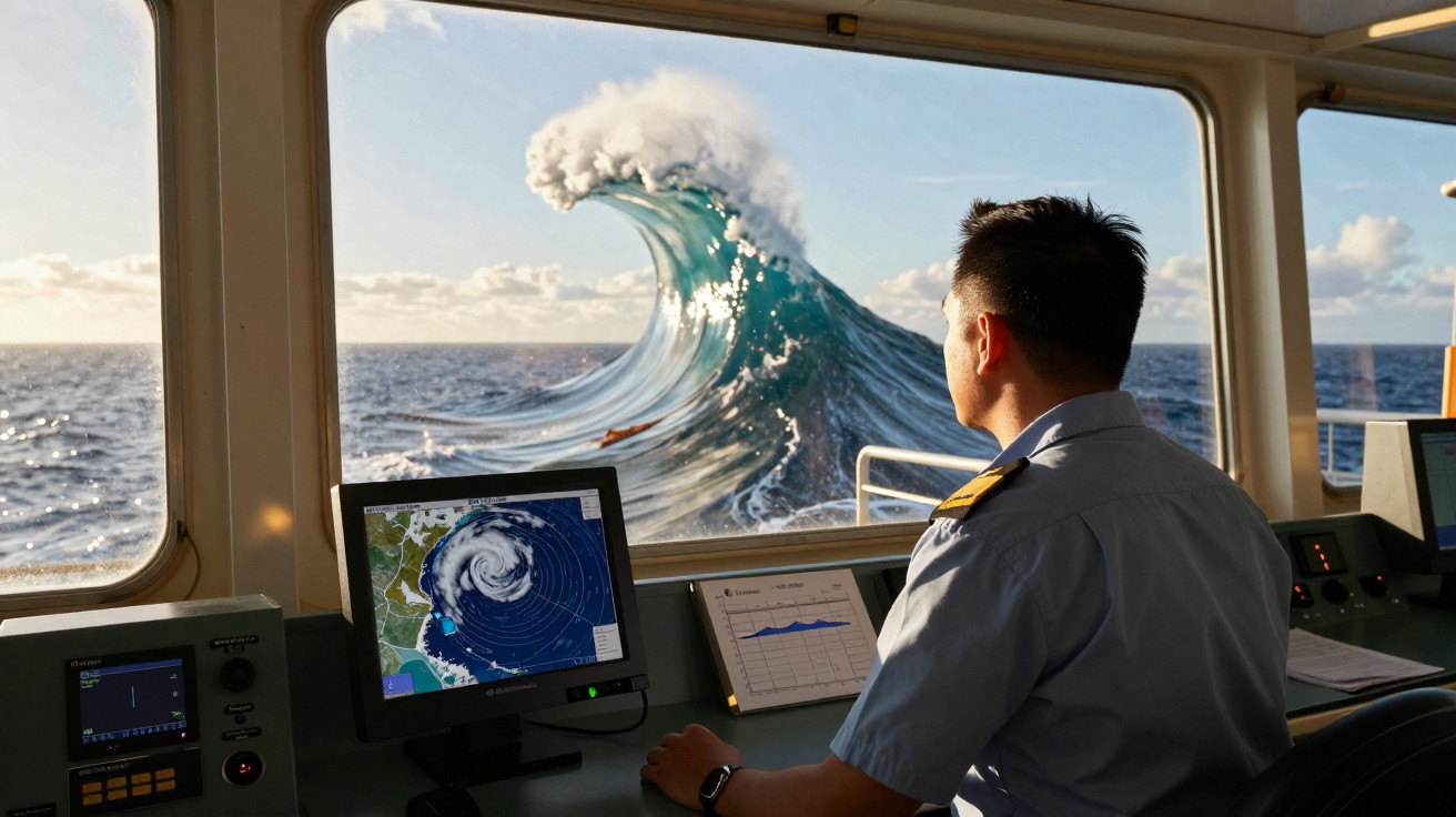 Homem em uniforme observa uma enorme onda em forma de punho gigante do interior de um navio no oceano.