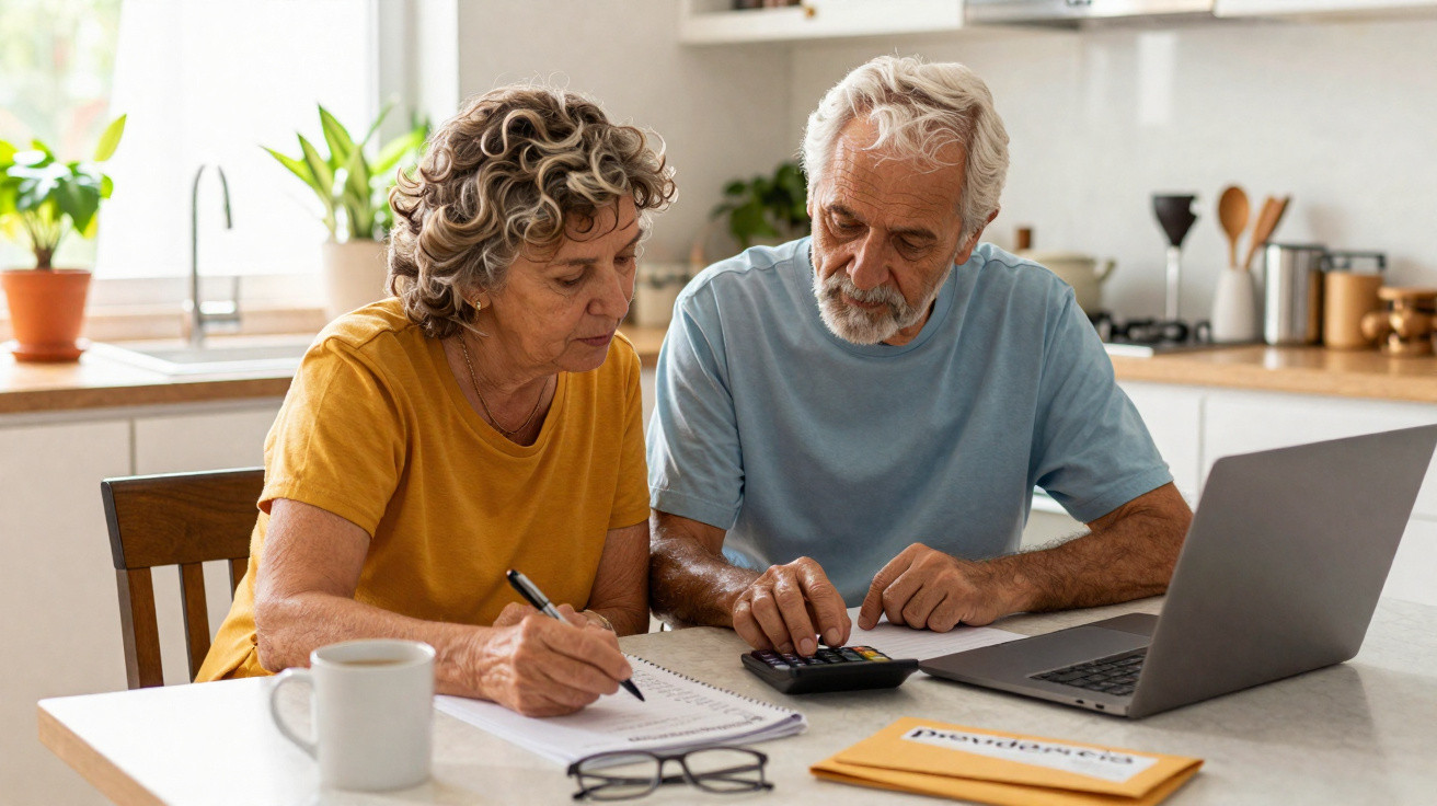 Casal sénior sentado à mesa a fazer contas com calculadora, caderno e computador portátil numa cozinha.