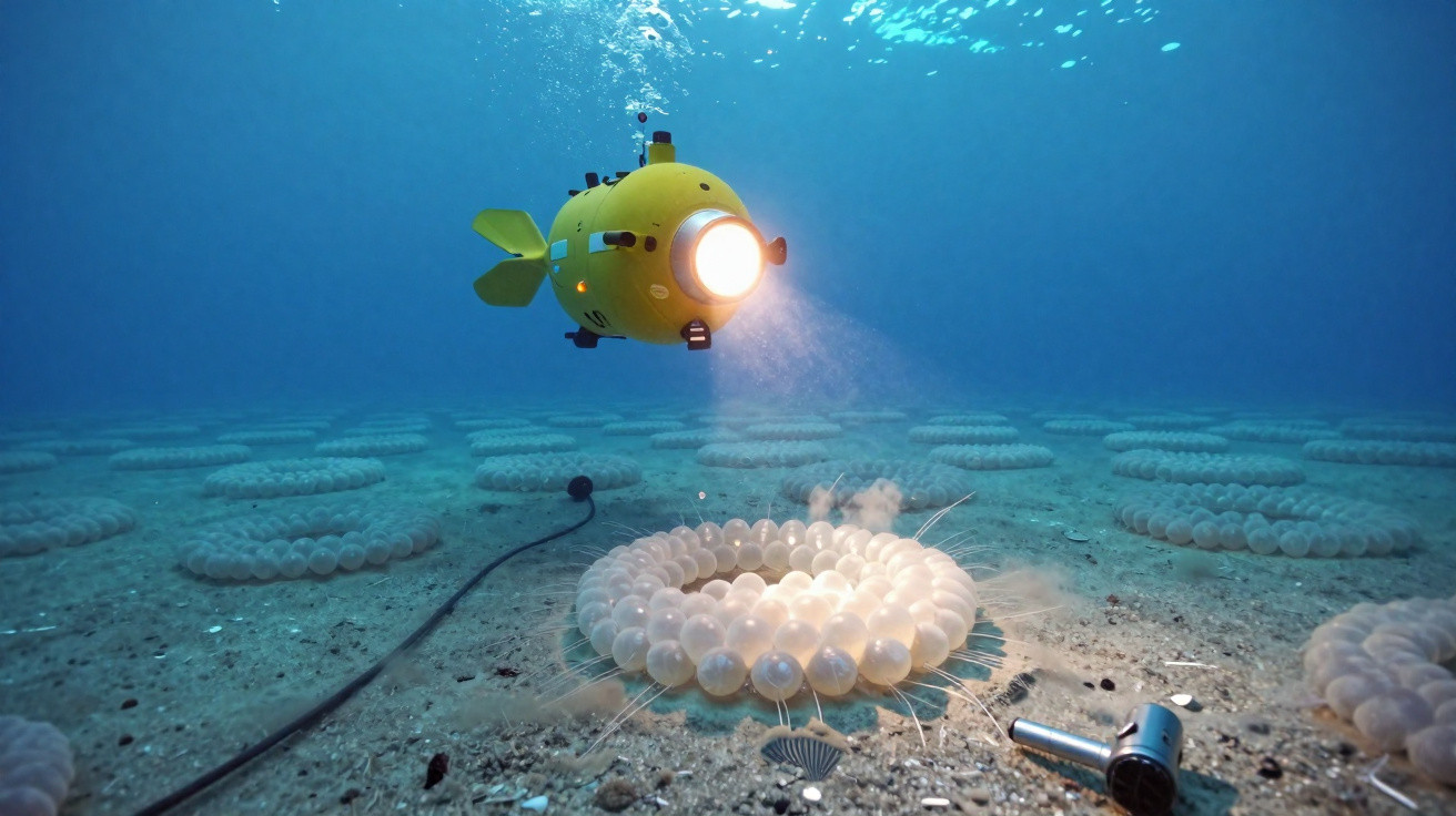 Submarino amarelo com luz frontal explora estruturas circulares no fundo do oceano.