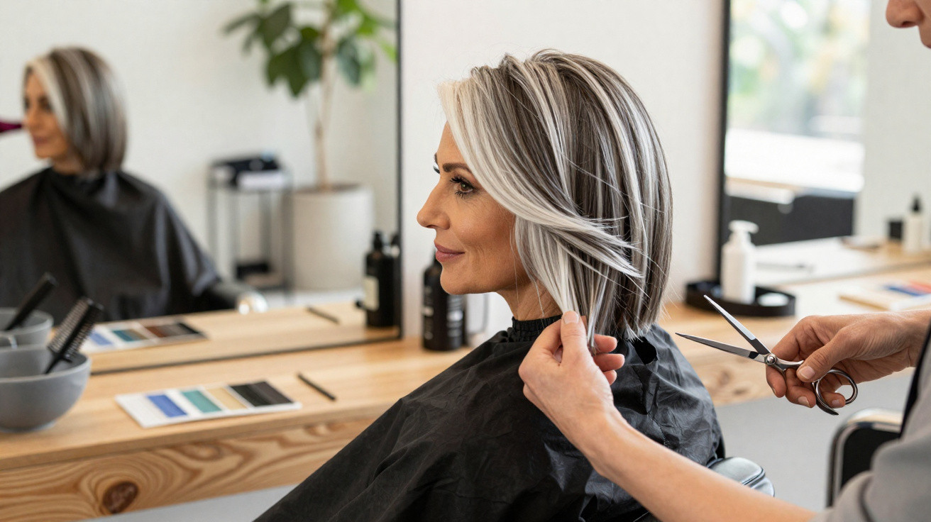 Mulher com cabelo cinza comprido a ser cortado num cabeleireiro moderno.