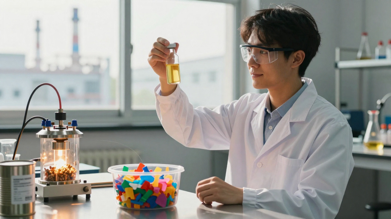 Cientista numa máscara protetora segura um frasco com líquido amarelo num laboratório moderno.