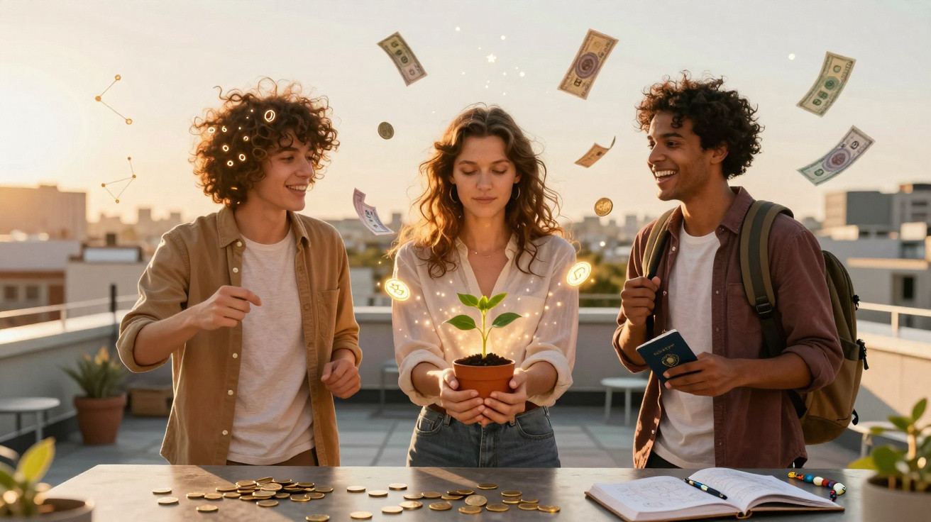 Três jovens numa varanda com moedas e cédulas flutuando, segurando uma planta em vaso simbolizando crescimento financeiro.