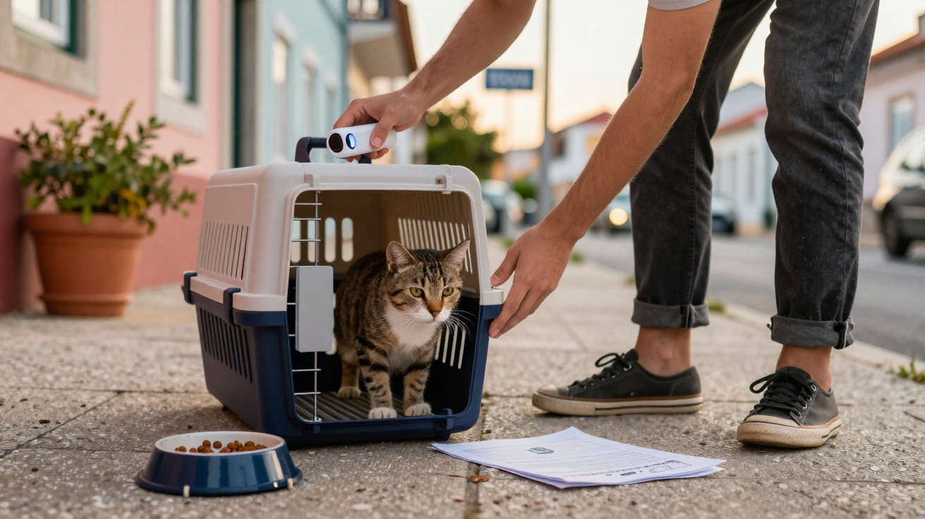 Pessoa segura transportadora com gato cinzento às riscas na rua, perto de comida e documentos no chão.