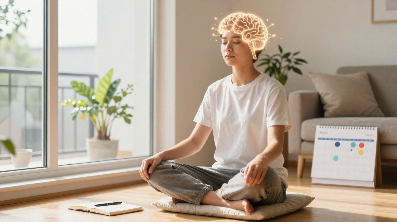 Mulher sentada em posição de meditação com ilustração luminosa de cérebro sobre a cabeça, em sala iluminada.