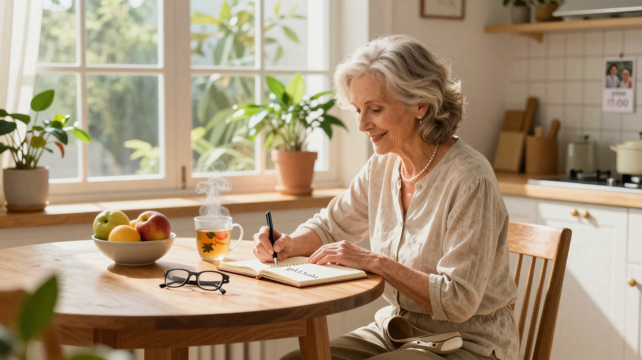 Mulher idosa sentada à mesa de cozinha a escrever num caderno, com chá e frutas à sua frente.