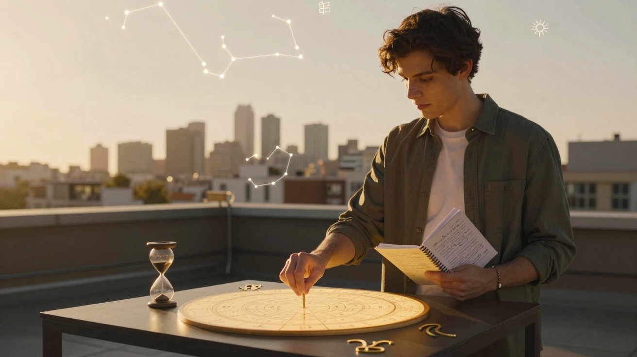 Jovem observa carta astral numa mesa ao ar livre ao pôr do sol, com prédios urbanos ao fundo.