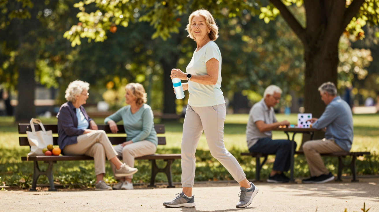 Mulher sorridente a caminhar num parque com garrafa de água, com outras pessoas seniores a conversar e jogar atrás.