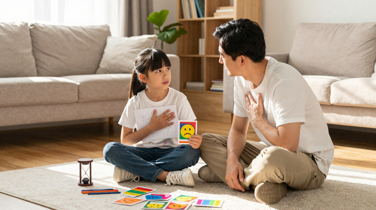 Pai e filha sentados no chão a jogar, ambos a tocar o peito e a comunicar emoções com cartões coloridos.