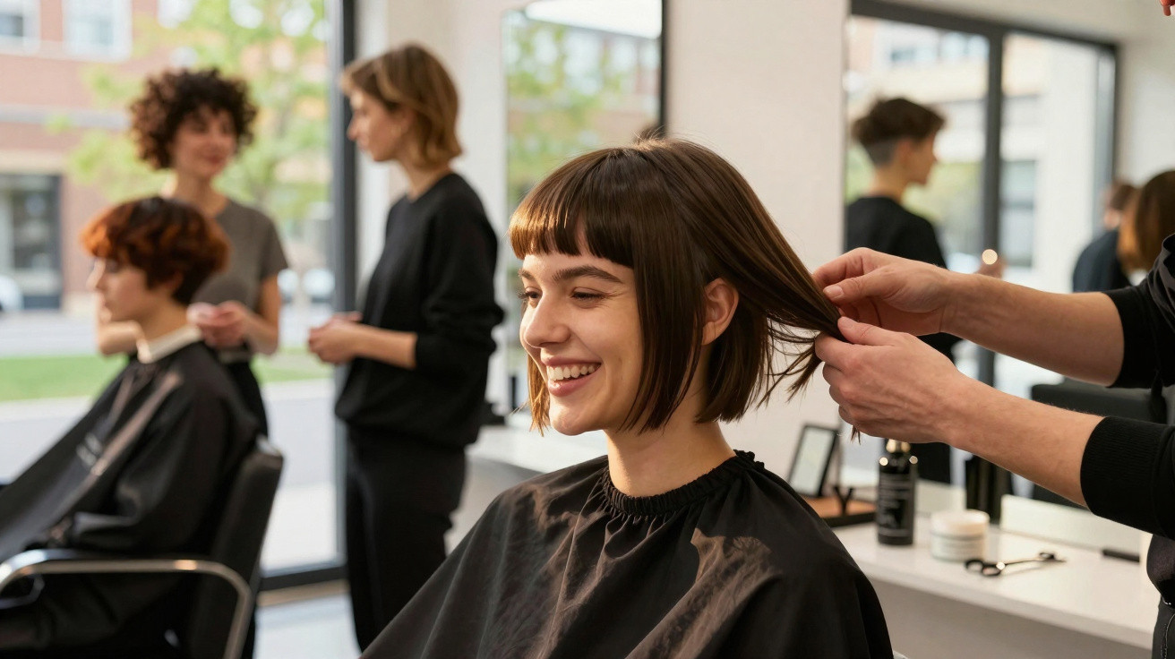 Cliente sorridente a receber corte de cabelo num salão, com outras pessoas e profissionais ao fundo.