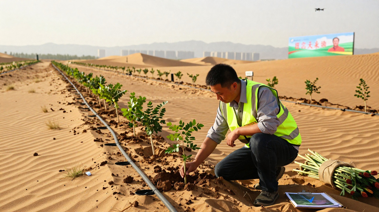 Homem replantando árvores num deserto com sistema de irrigação por gotejamento ao amanhecer.