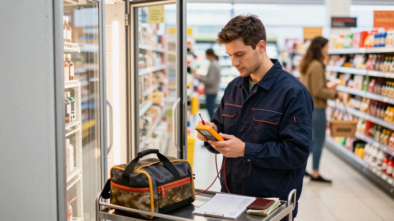 Técnico a realizar testes num frigorífico industrial num supermercado, com ferramentas e lista de verificação.