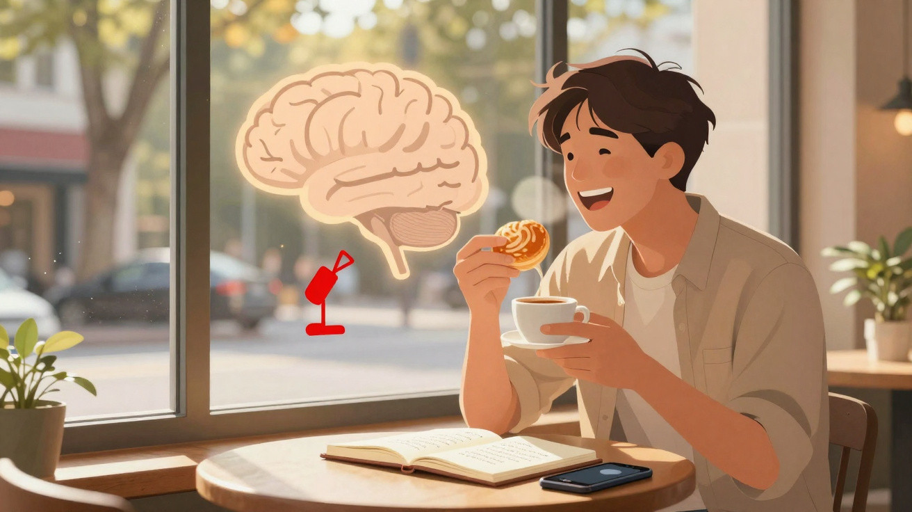 Jovem a sorrir enquanto toma café e come um pastel, com ilustração de cérebro e brinquedo na janela.