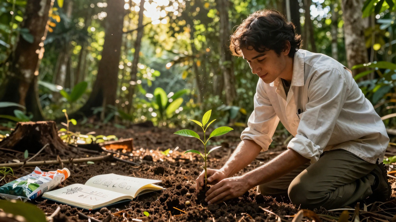 Jovem planta uma muda numa floresta, com um livro aberto e uma embalagem ao lado, luz natural suave.