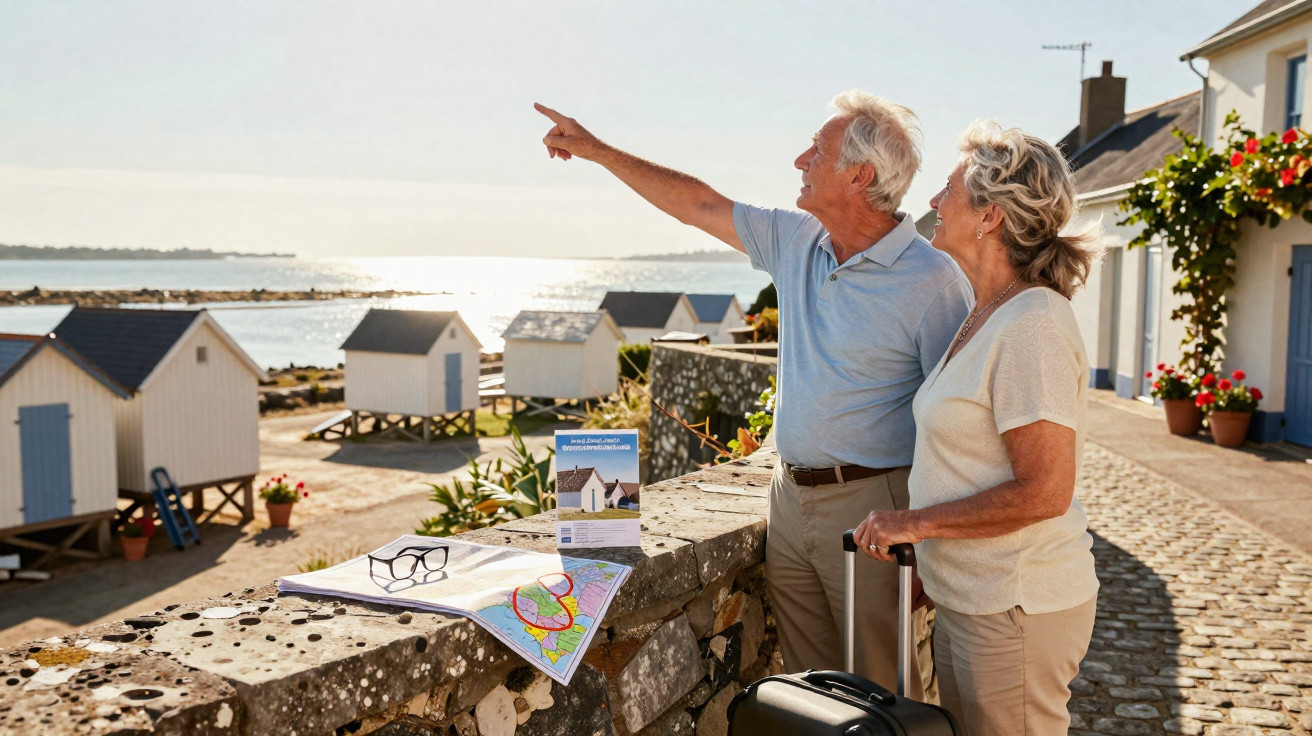 Casal sénior a apreciar a vista do mar junto a casas de praia, com mapas e bagagem sobre muro de pedra.