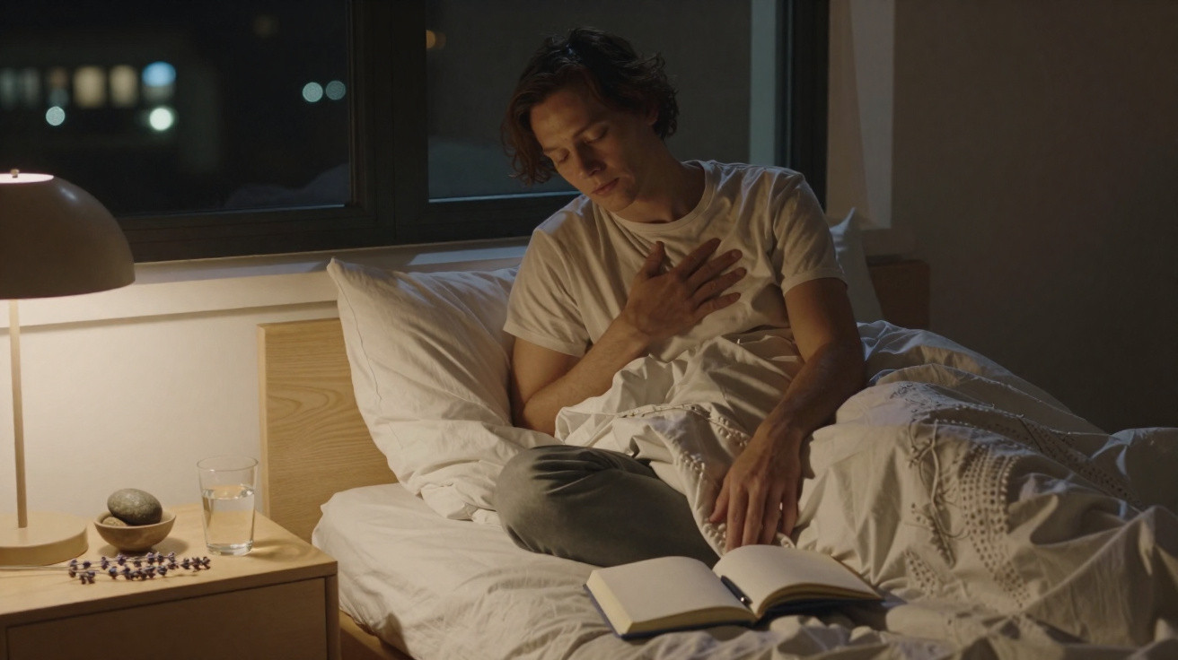 Homem sentado na cama de noite, com uma mão no peito e a ler um livro aberto.