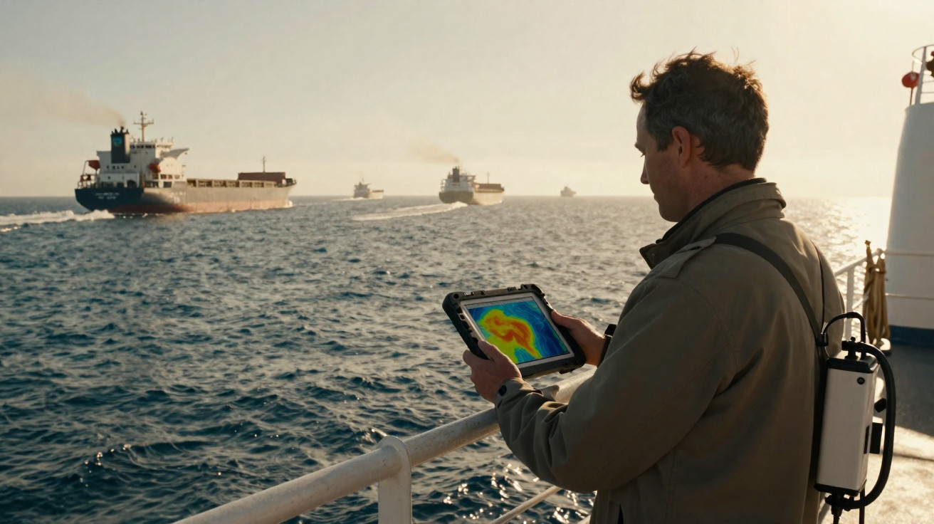 Homem com equipamento tecnológico observa tablet com mapa térmico a bordo de navio no mar com vários cargueiros ao longe.
