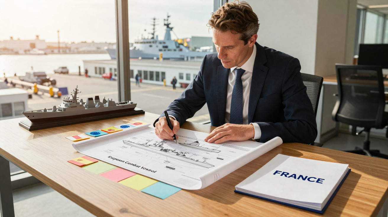 Homem em fato a desenhar o esboço de um porta-aviões numa mesa com maquete e documentos da França.