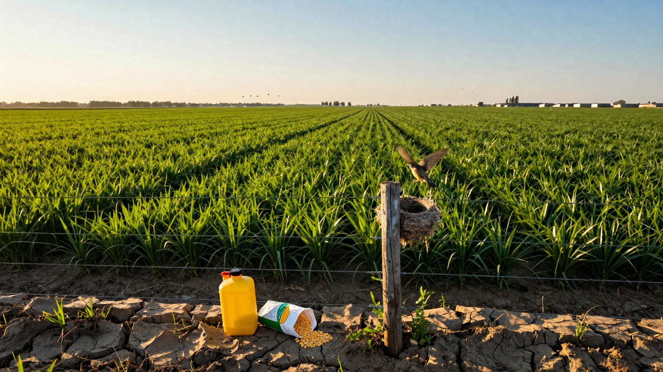 Campo verde extenso com plantações, pote amarelo, saco de sementes e ninho com pássaro num poste.