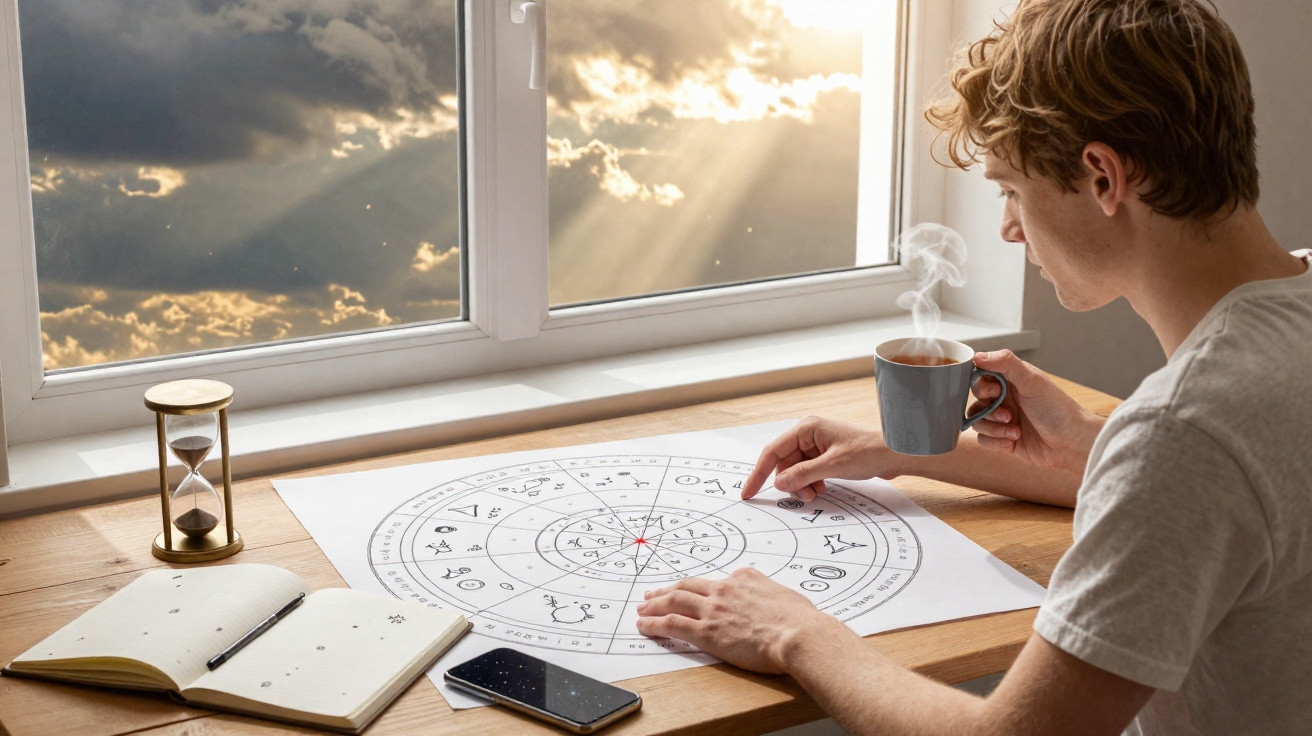 Homem jovem sentado à secretária com chá quente, consultando um mapa astral sob luz suave do pôr do sol.