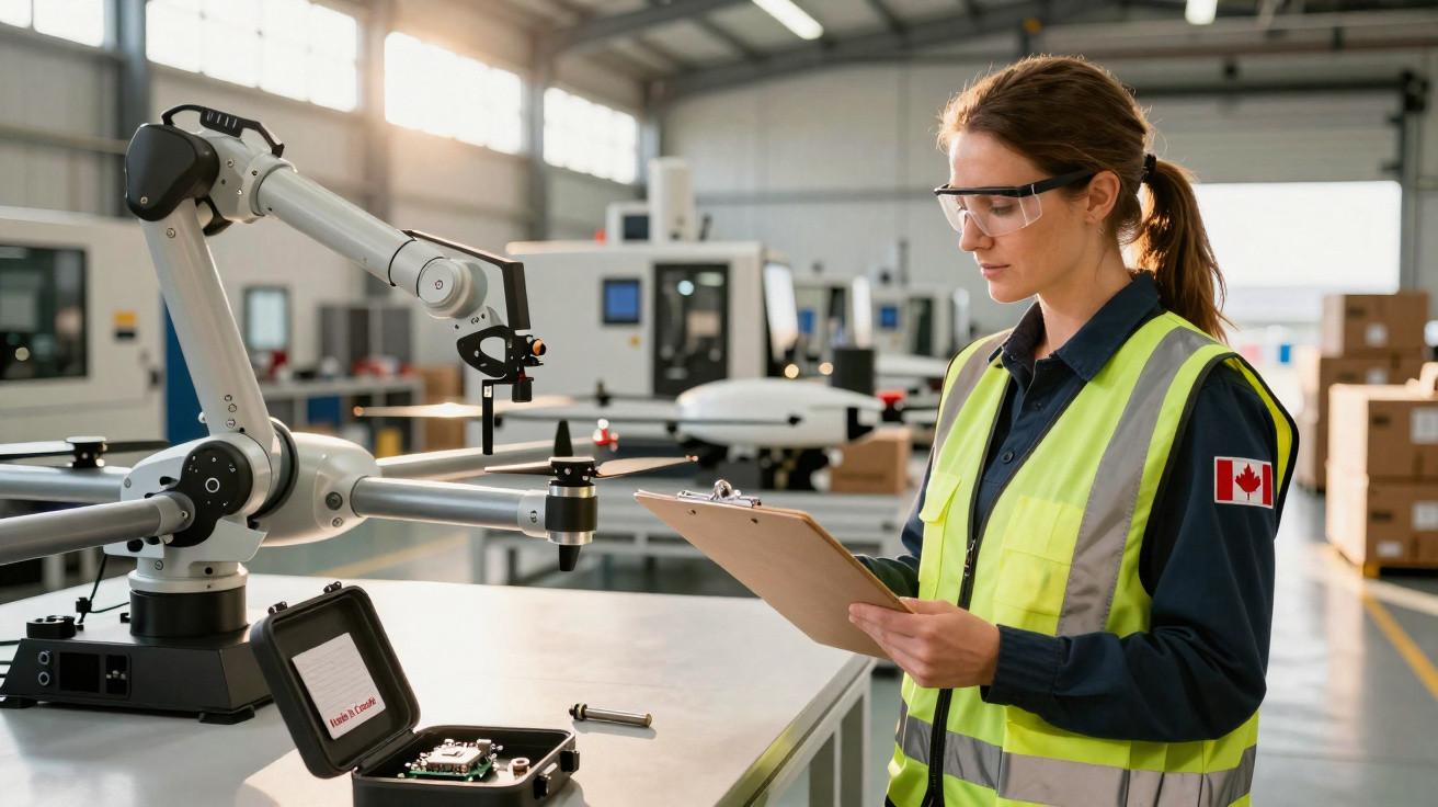 Mulher com colete de segurança e óculos protetores a inspecionar equipamento tecnológico num ambiente industrial.