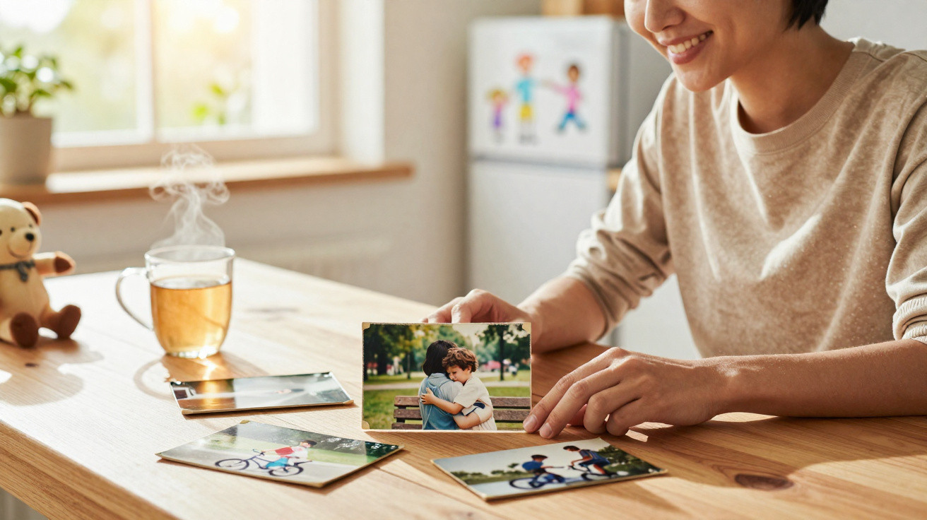Pessoa a sorrir enquanto observa fotografias de momentos familiares num ambiente acolhedor.
