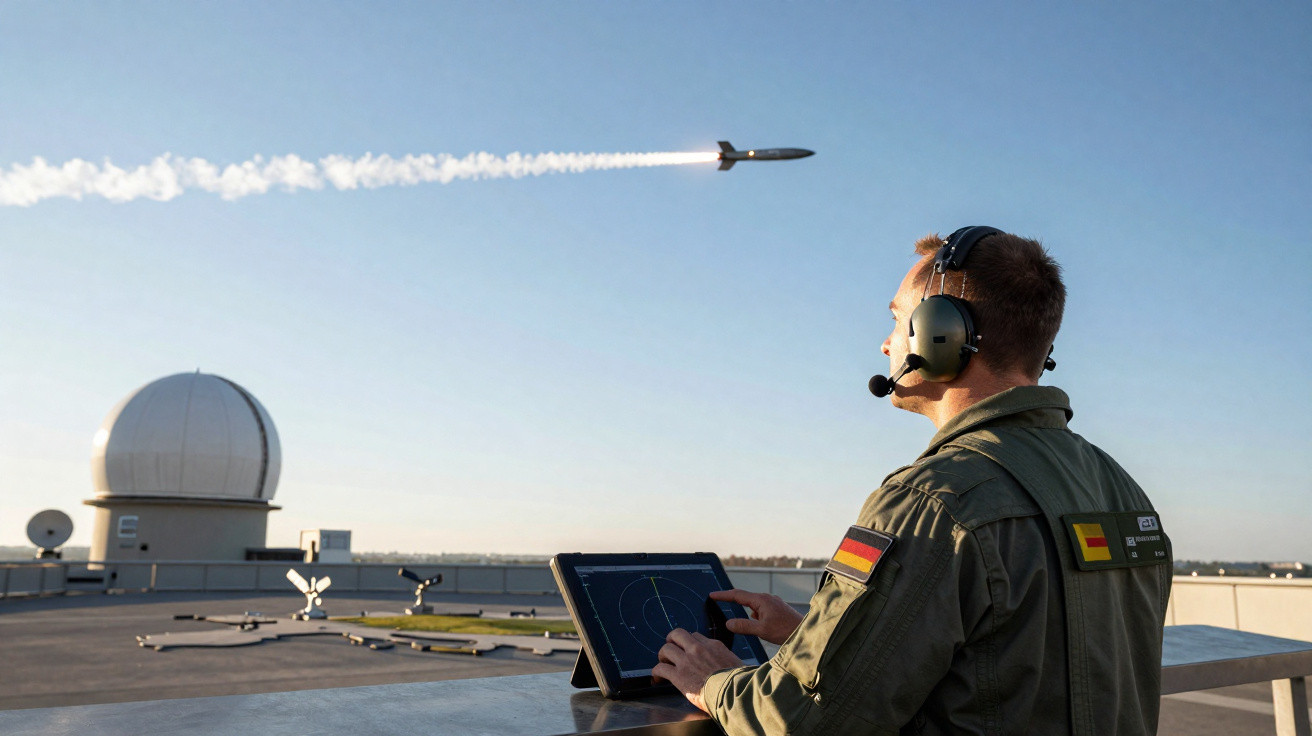 Militar a operar sistema de controlo com tablet, observando míssil em voo num centro de comando ao ar livre.