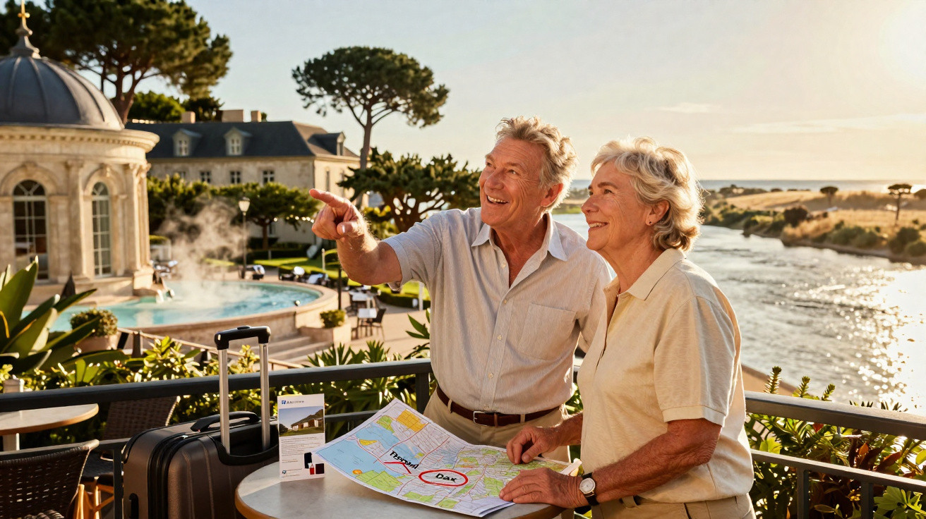 Casal sénior a planear viagem com mapa na esplanada de um hotel junto a um rio ao pôr do sol.