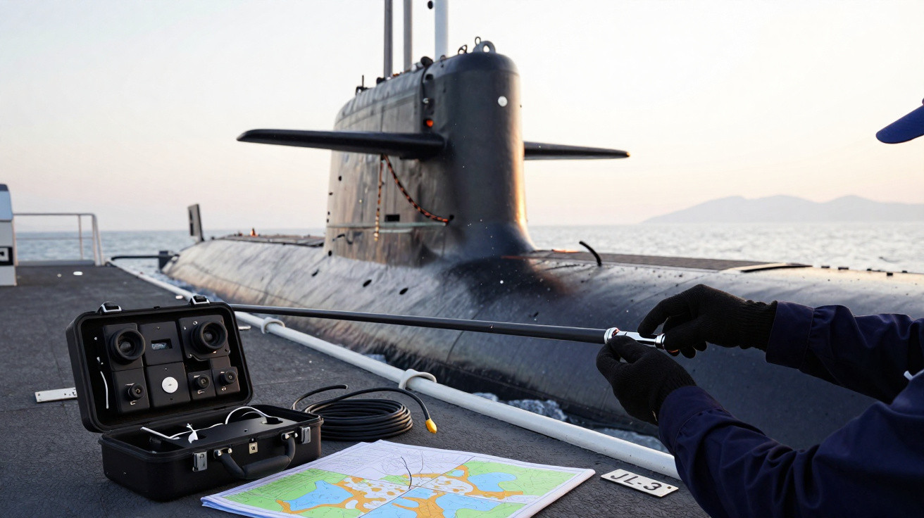 Mão com luva a segurar antena junto a submarino no mar com equipamento e mapa sobre superfície do casco.
