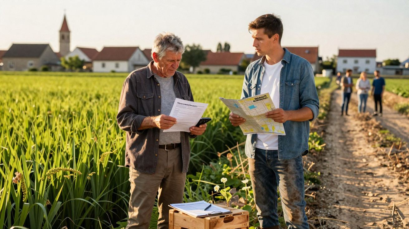 Dois homens analisam documentos agrícolas num campo, com quatro pessoas ao fundo e edifícios rurais visíveis.