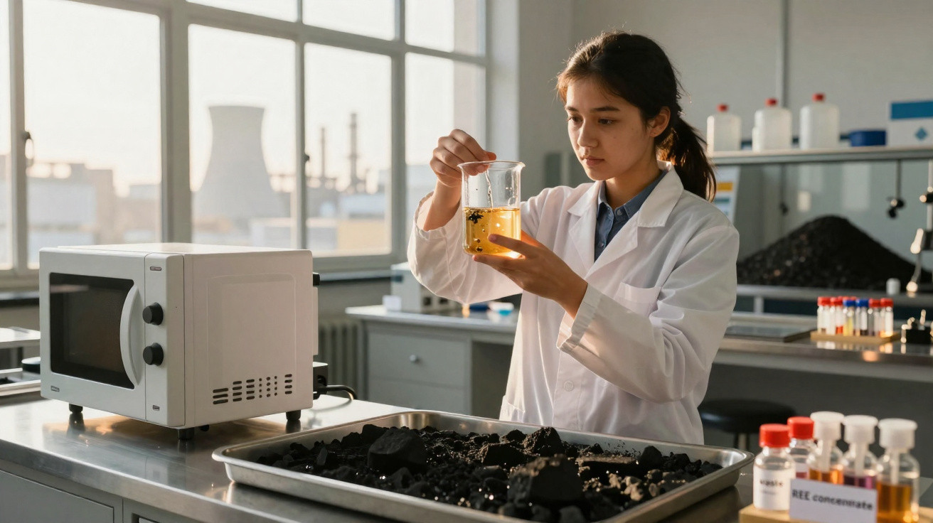 Mulher cientista em laboratório analisando líquido amarelo em proveta, com carvão numa bandeja à frente.