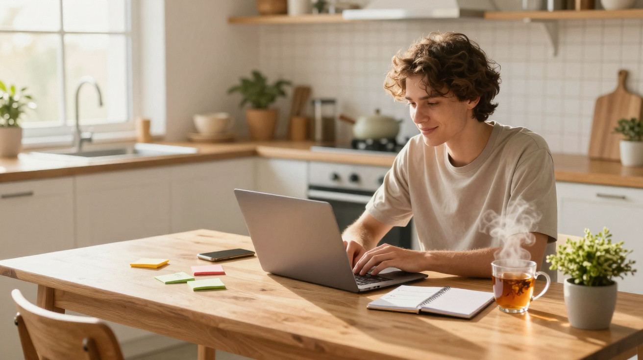 Jovem sentado numa cozinha moderna a trabalhar num portátil com chá quente numa mesa de madeira.