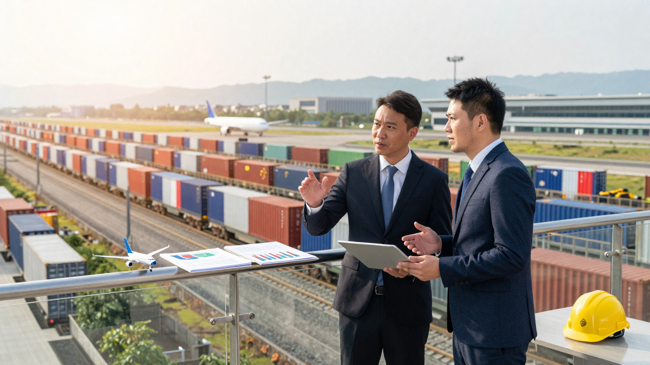 Dois empresários a discutir com gráficos em mãos na área de contentores e transporte ferroviário e aéreo.