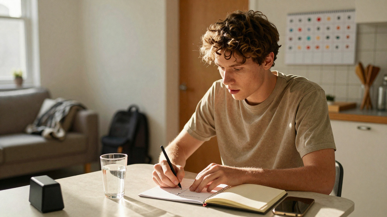 Jovem sentado a escrever num caderno numa mesa com copo de água e telemóvel numa sala luminosa.