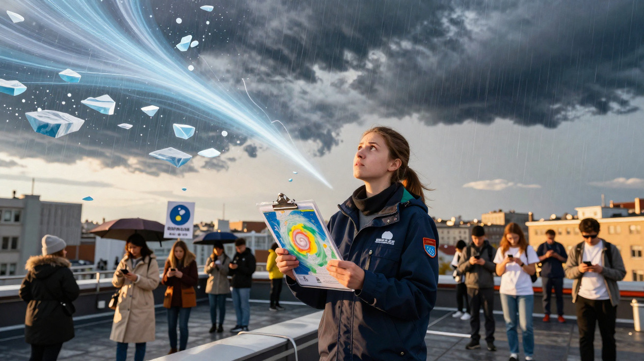 Jovem com prancheta observa fenómeno atmosférico digital enquanto grupo está distraído com telemóveis num terraço.