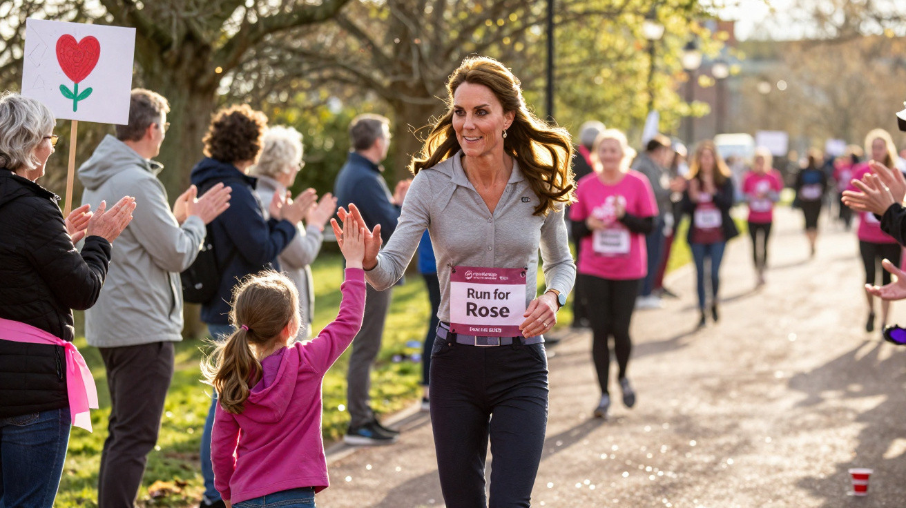Mulher a correr num evento solidário "Run for Rose", cumprimentando uma criança com um toque de mão.