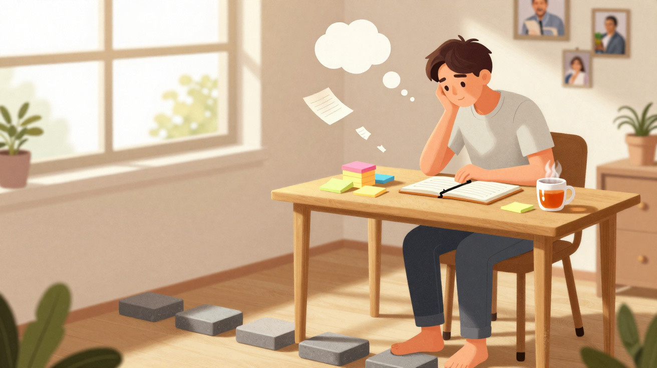 Ilustração de rapaz a estudar numa mesa com blocos de notas e chá, parecendo cansado e com pensamentos dispersos.