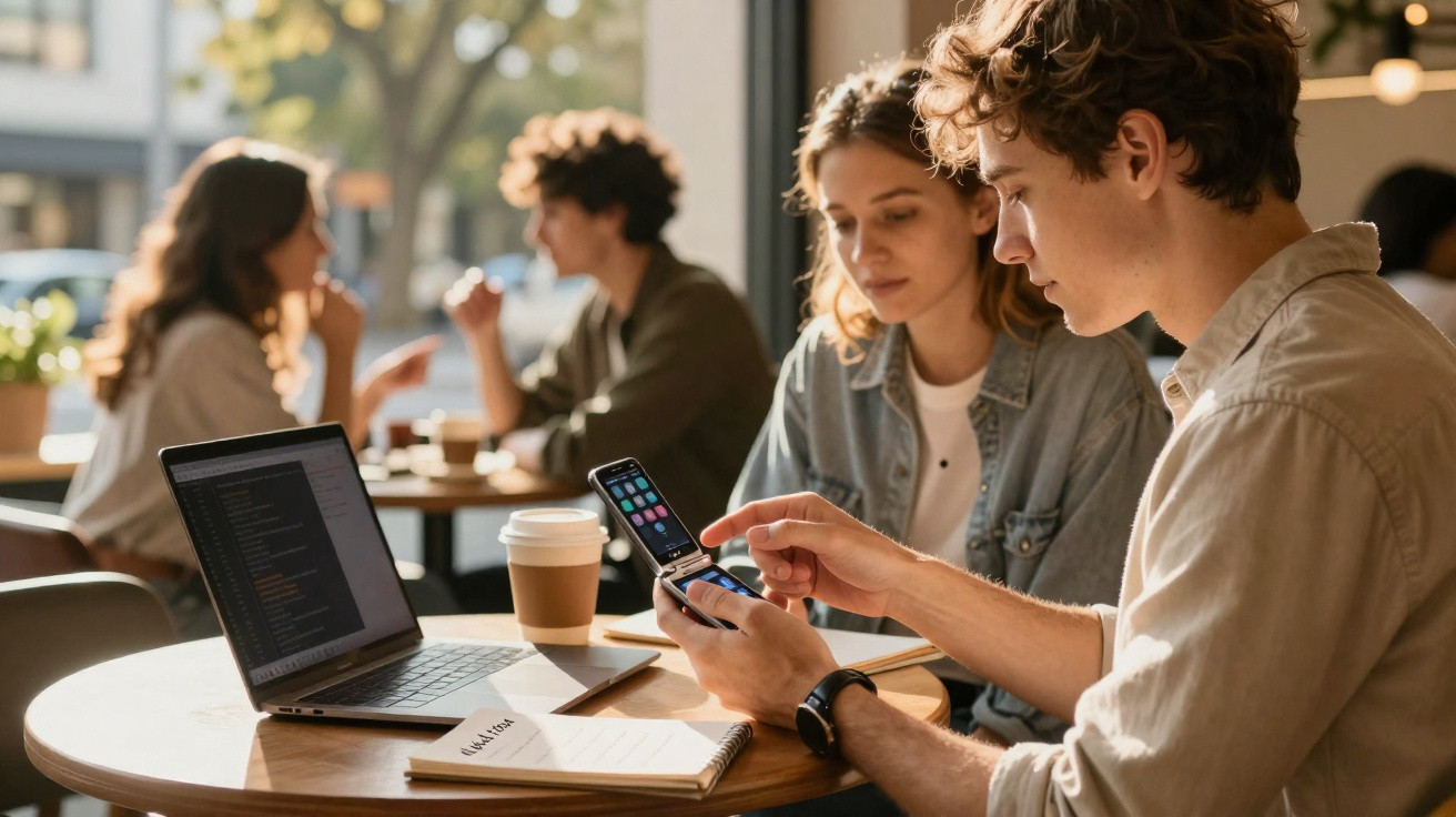 Jovens sentados num café a usar telemóveis e um computador portátil numa mesa redonda com notas e café.
