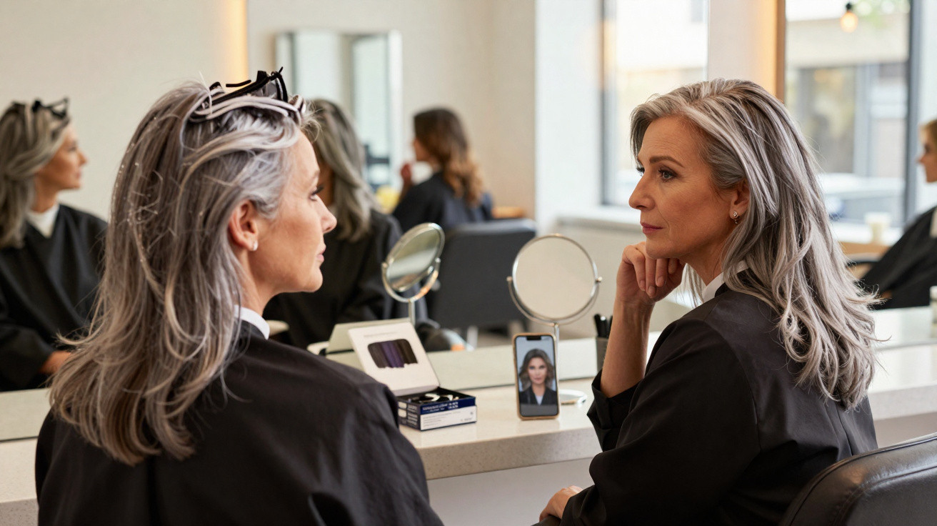 Mulher de cabelo grisalho sentada num salão de beleza, a olhar para o espelho e para o telemóvel com foto.